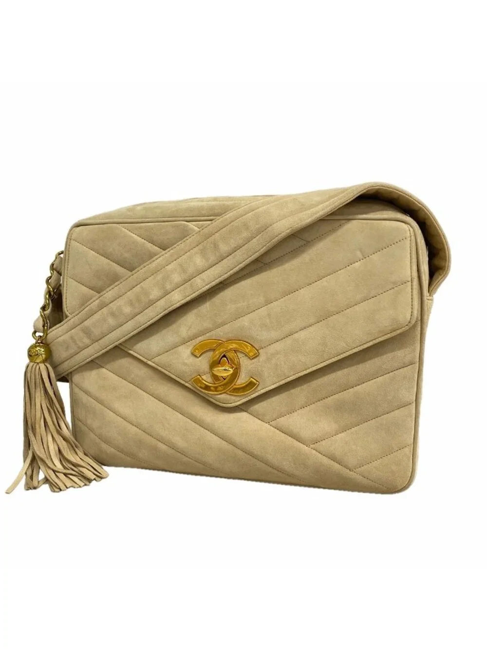 Chanel Shoulder Bag Suede Beige Gold